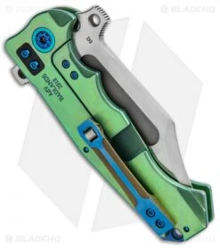 Andre De Villiers Bowie Badlands Frame Lock Knife Green/Blue Ti (4" Satin) AdV -Kizer Shop Andre de Villiers Bowie Badlands FL Green Blue Ti Satin BHQ 92478 jr side