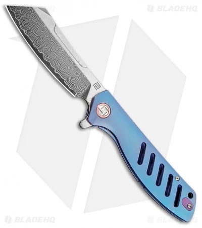 Artisan Cutlery Small Tomahawk Frame Lock Knife Blue Titanium (3" Damascus) -Kizer Shop Artisan Cutlery Small Tomahawk FL Blue Ti Damascus BHQ 91703 jr